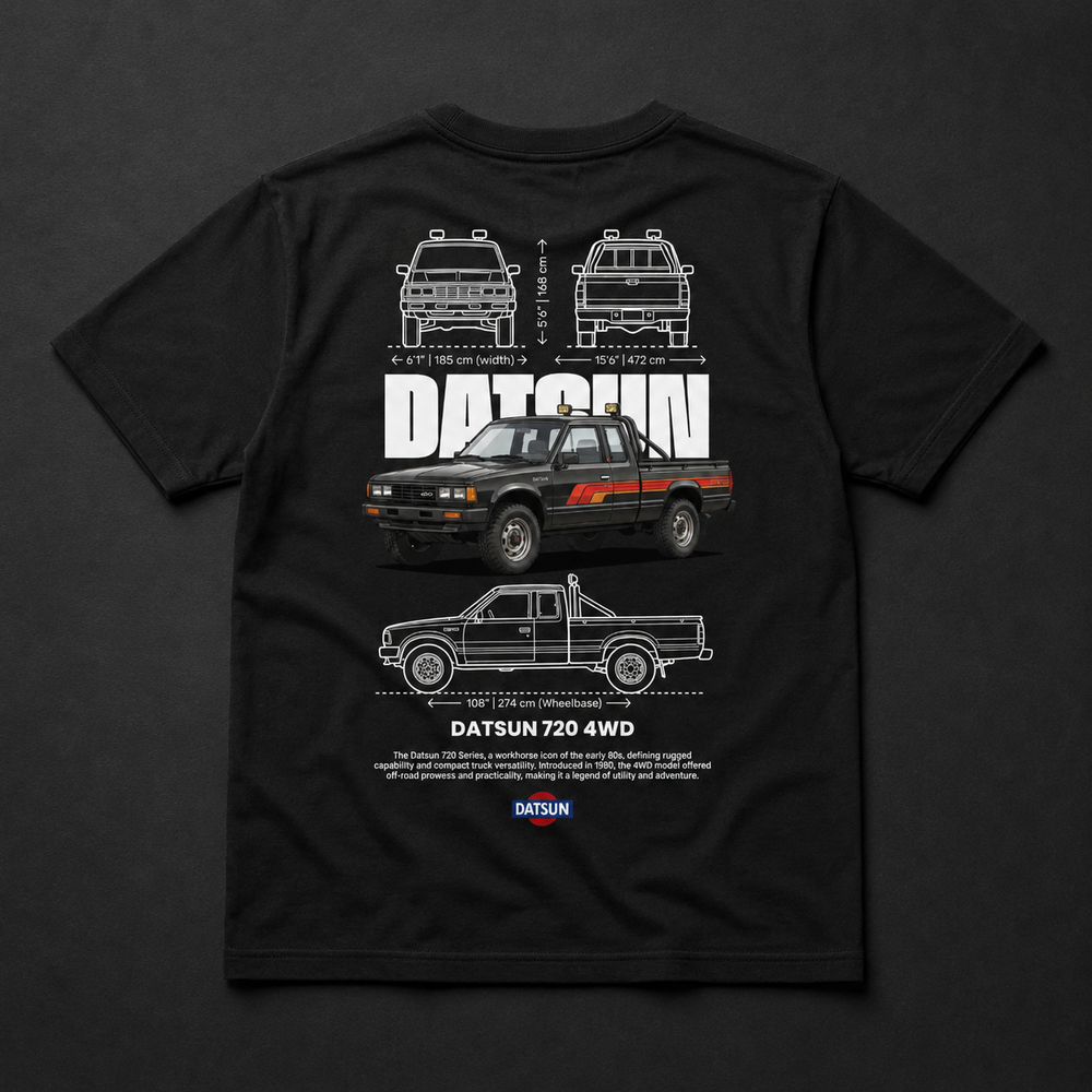 Polera negra Datsun 720 4WD con diseño automotriz trasero