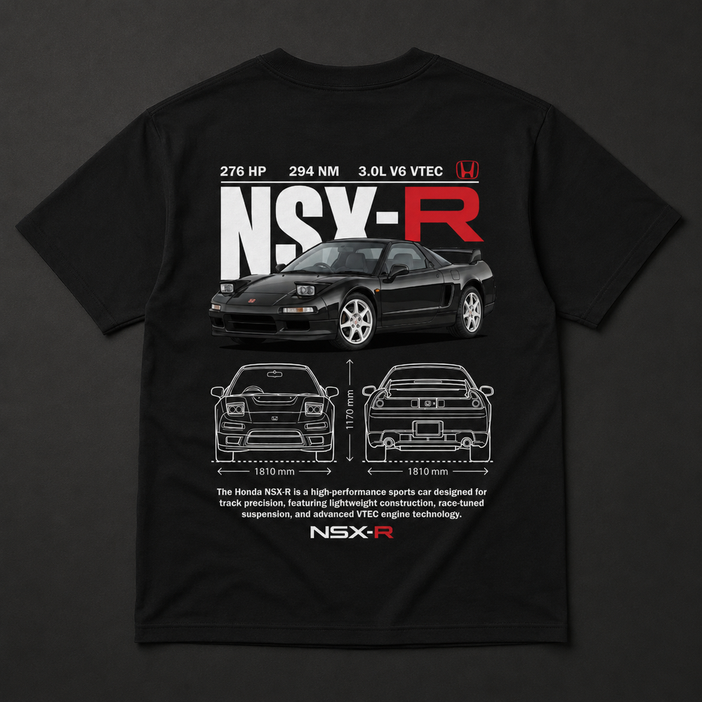 Polera negra Honda NSX-R con diseño automotriz trasero