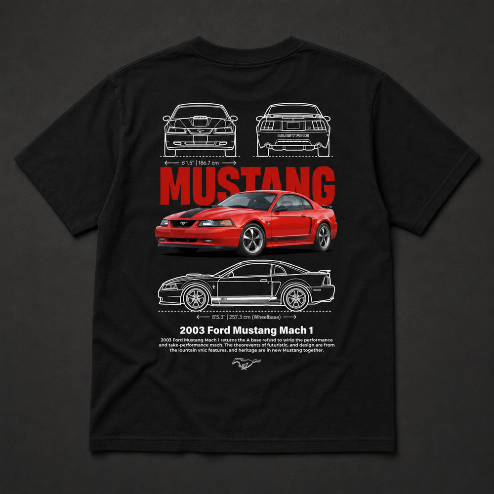 Polera negra Ford Mustang Mach 1 2003 con diseño automotriz trasero