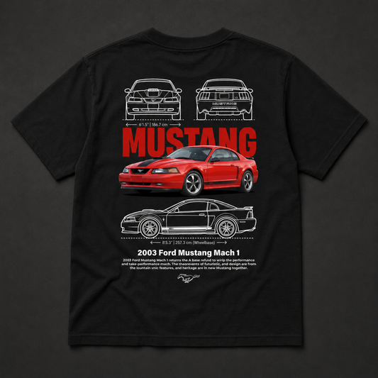Polera negra Ford Mustang Mach 1 2003 con diseño automotriz trasero
