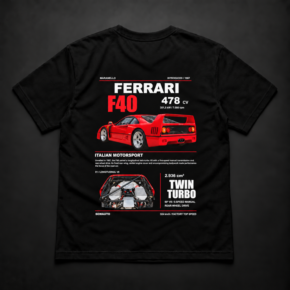 Polera negra Ferrari F40 1987 con diseño trasero