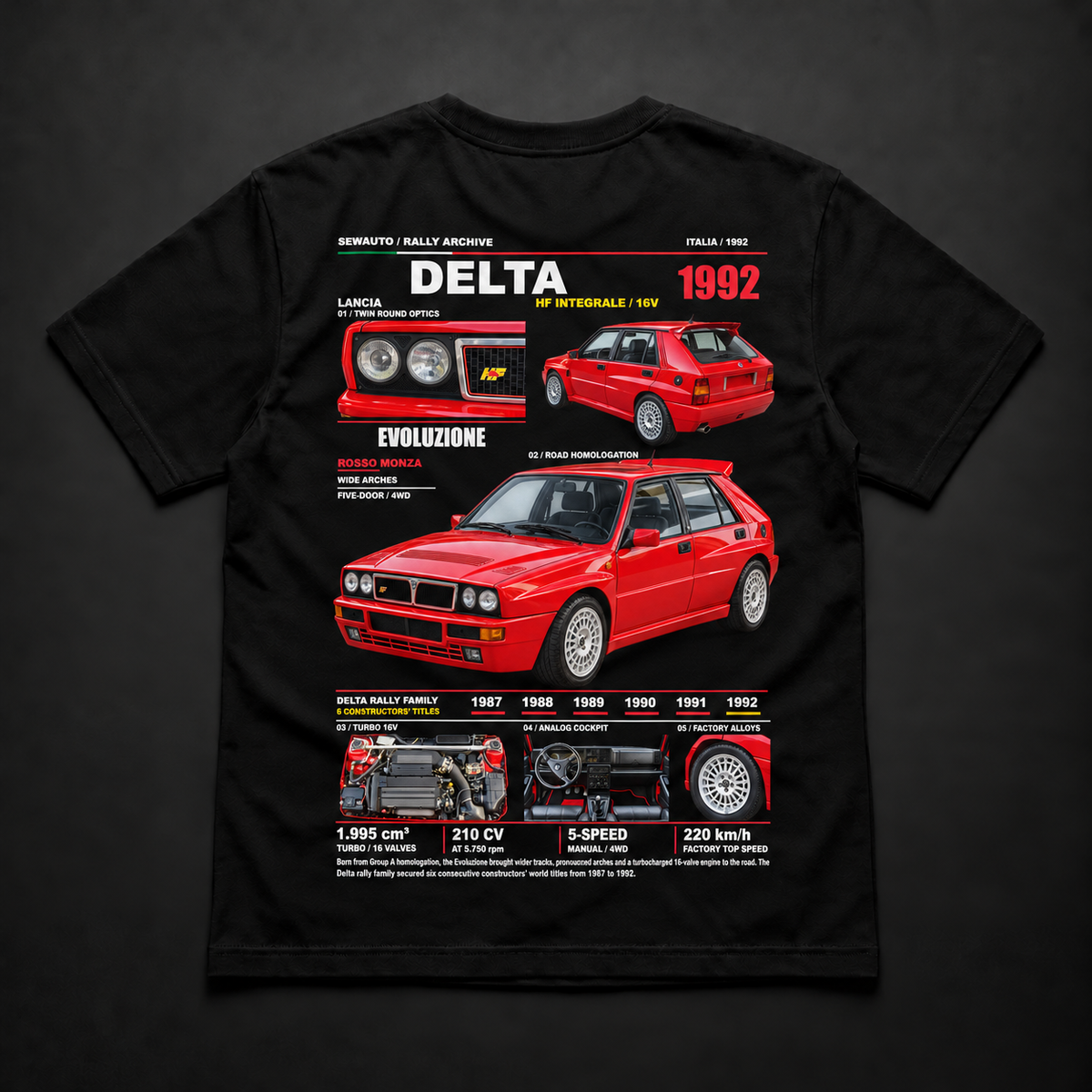 Polera negra Lancia Delta HF Integrale Evoluzione 1992 con diseño trasero
