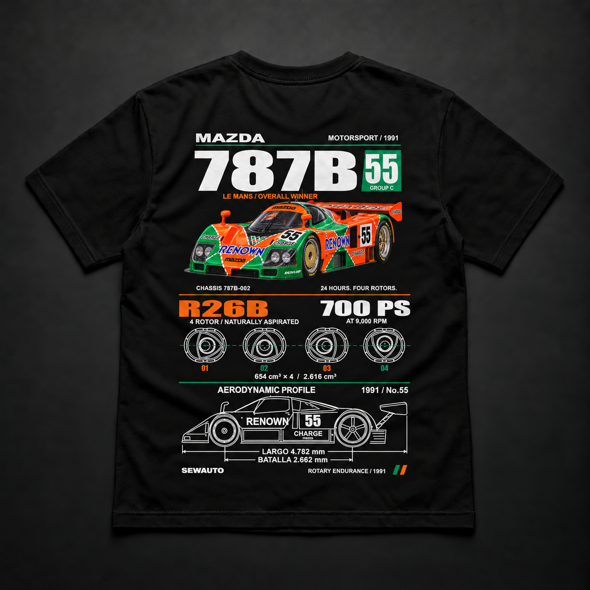 Polera negra Mazda 787B 1991 N°55 con diseño trasero