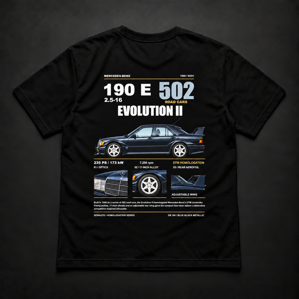 Polera negra Mercedes-Benz 190E Evolution II 1990 con diseño trasero
