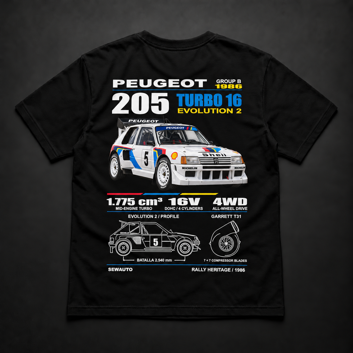 Polera negra Peugeot 205 T16 Evo2 1986 con diseño trasero